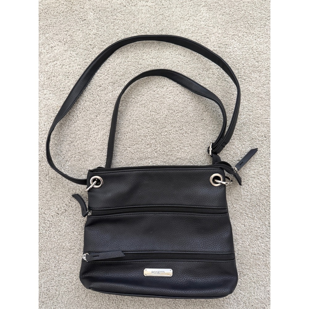 Rosetti Black Pebbled Faux Leather Triple Zip Crossbody Bag Silver Tone Hardware